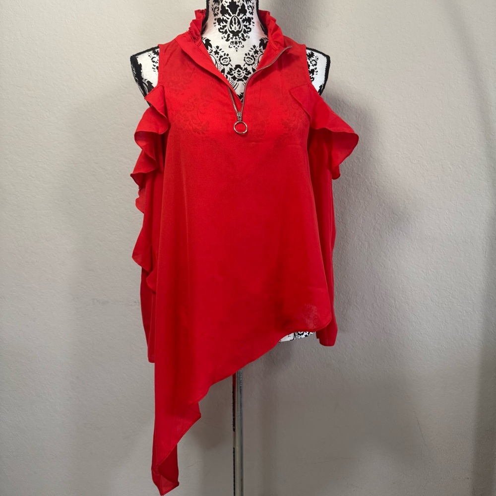 ASOS Cold Shoulder Top Size 2 Long Sleeve Red Ruffle Neck Asymmetrical